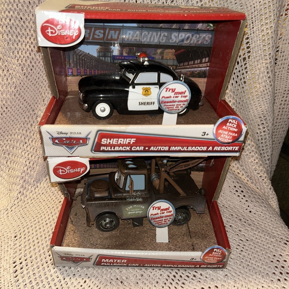 Disney Pixar Cars Pullback Plastic Sheriff & Tow Mater New Disney Store
